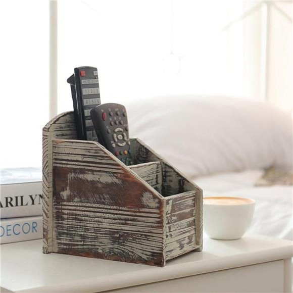 Rustic Torched Wood Remote Control Holder for Table with 3 Compartments - Picture 2 of 5